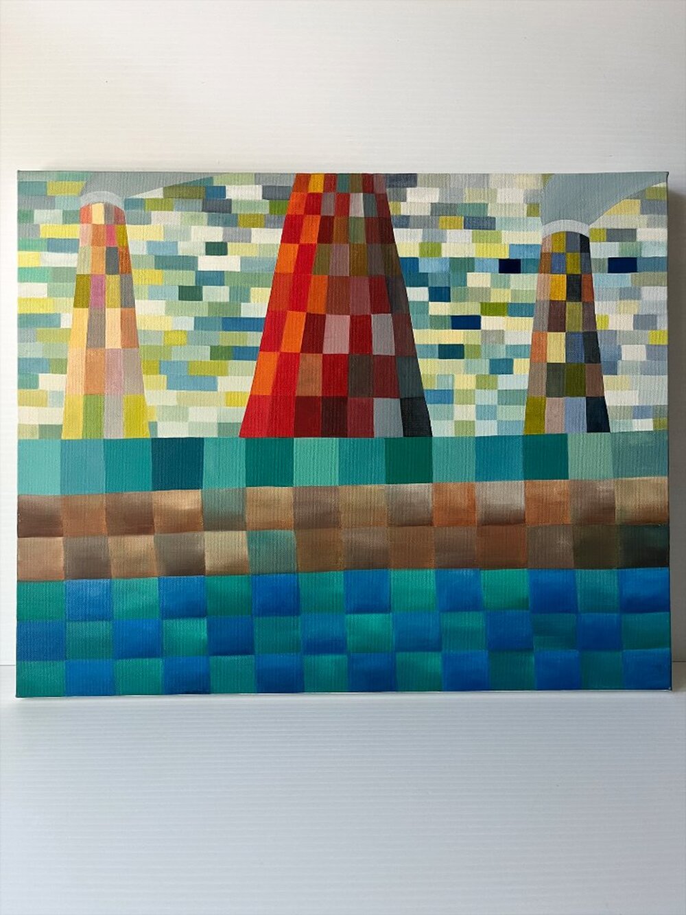 Original Modern Geometric Abstract Oil Painting The Towers Signed Canvas 2018